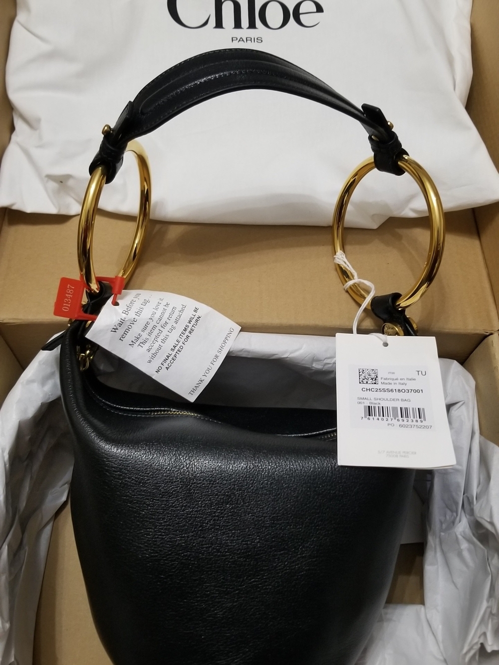 Chloe Black Leather Shoulder Bag with Gold Ring Handles